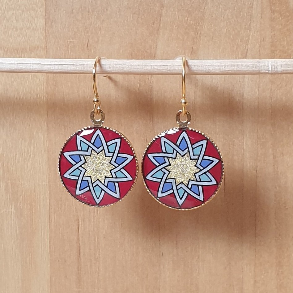 Gold/red/blue/green rosette earrings