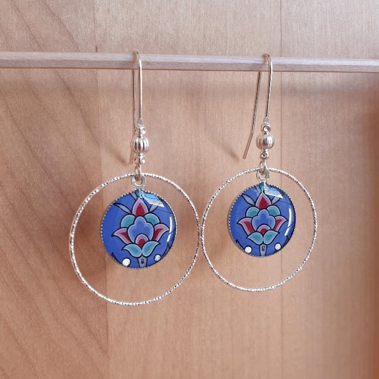 Blue/silver/green/pink flower and arabesque earrings