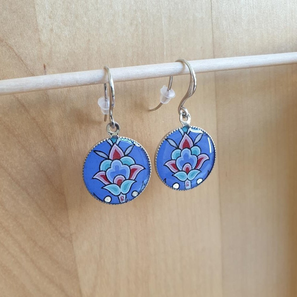 Blue/silver/green/pink flower and arabesque earrings