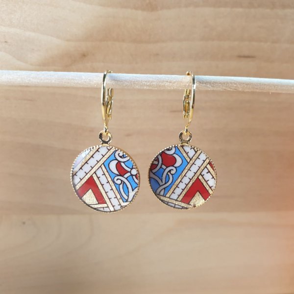 Gold/red/blue pendant earrings