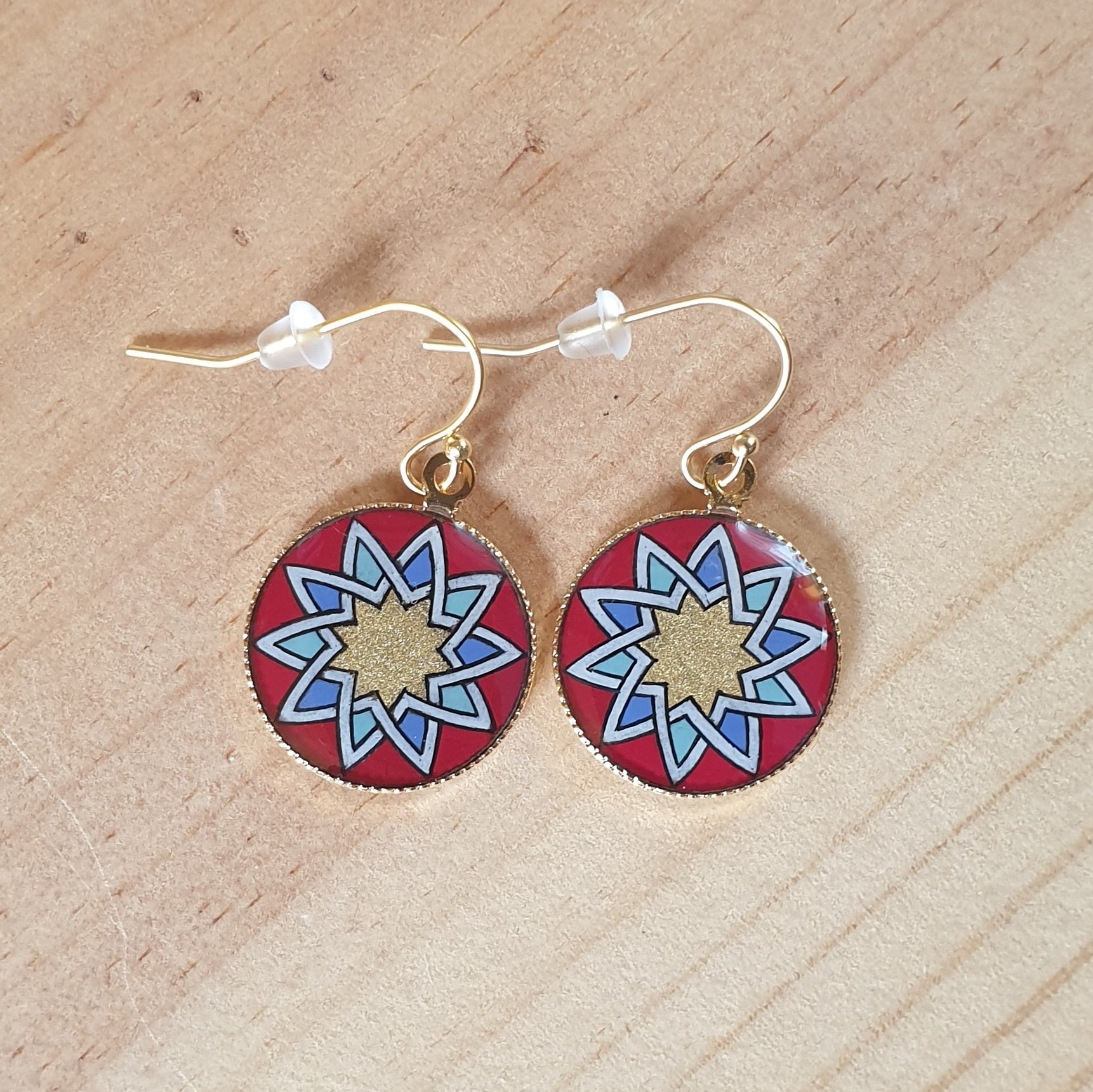 Gold/red/blue/green rosette earrings
