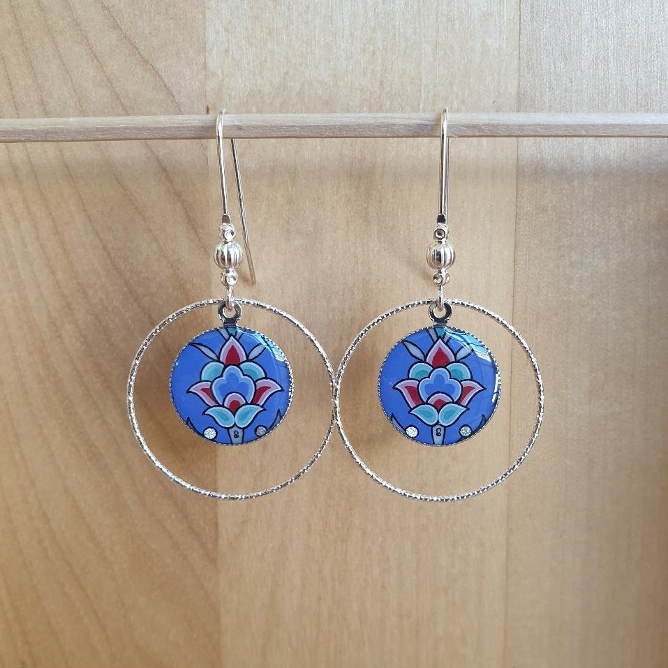 Blue/silver/green/pink flower and arabesque earrings