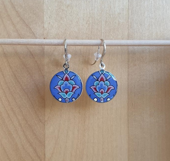 Blue/silver/green/pink flower and arabesque earrings