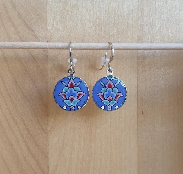 Blue/silver/green/pink flower and arabesque earrings