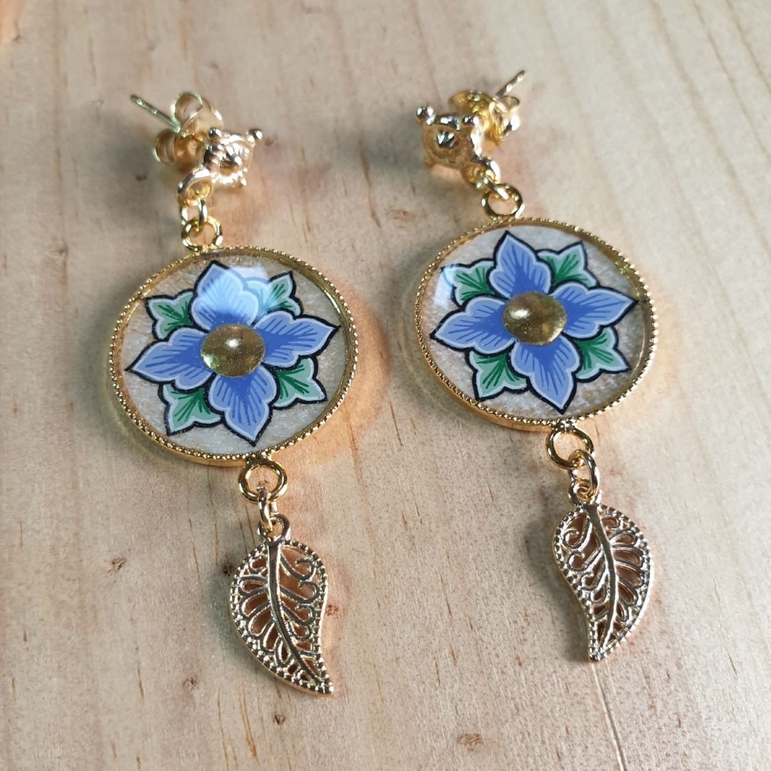 Springtime pink or blue flower dangling earrings