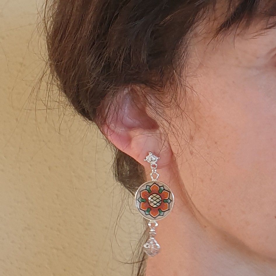 Springtime orange/gold flower dangling earrings