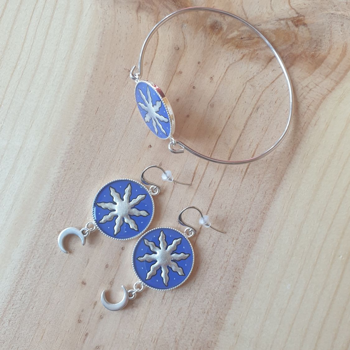 Boucles d'oreille pendantes soleil et lune argent