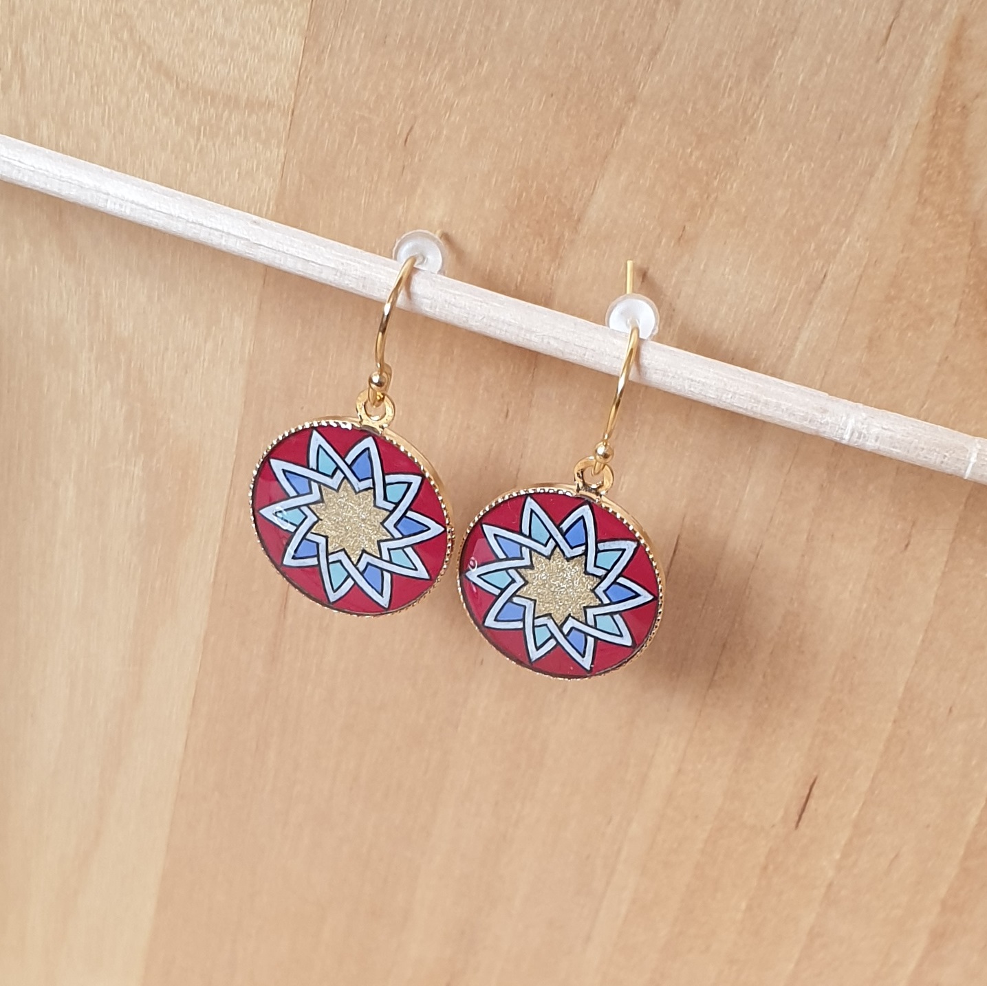 Gold/red/blue/green rosette earrings