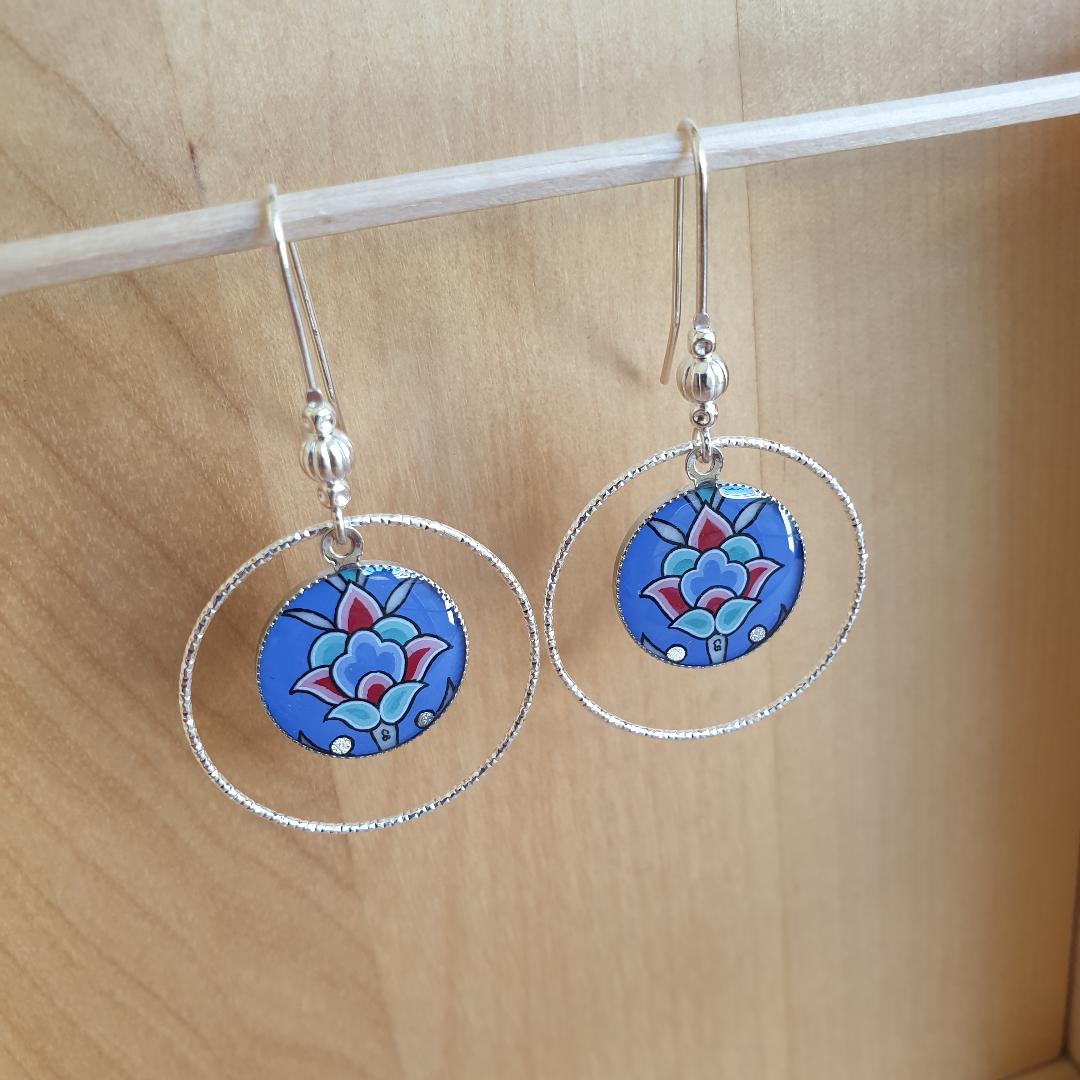 Blue/silver/green/pink flower and arabesque earrings