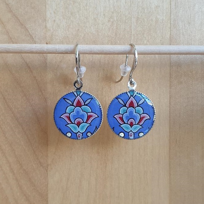 Blue/silver/green/pink flower and arabesque earrings