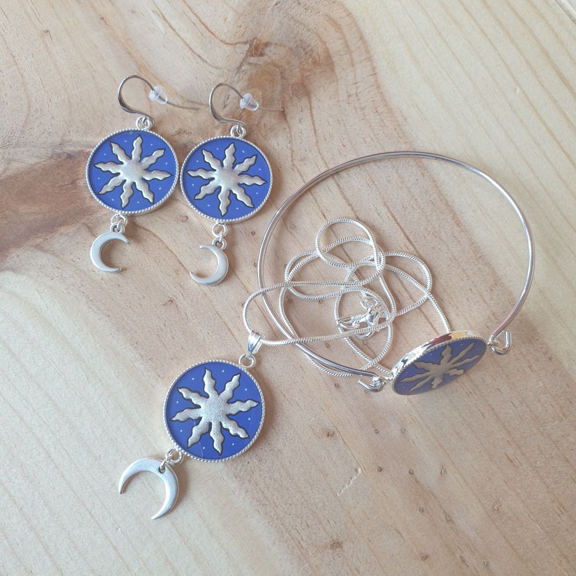 Boucles d'oreille pendantes soleil et lune argent