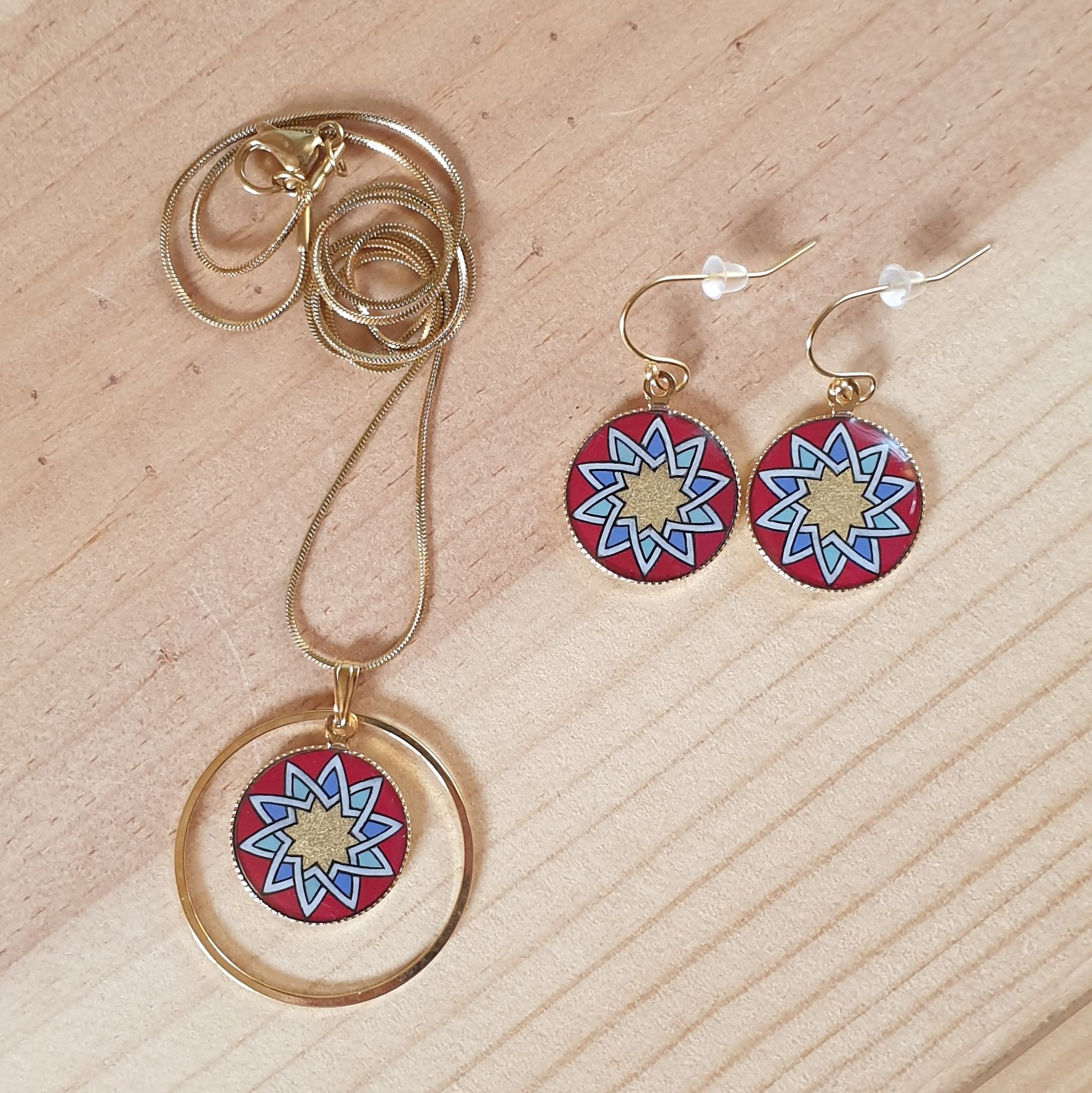 Gold/red/blue/green rosette earrings