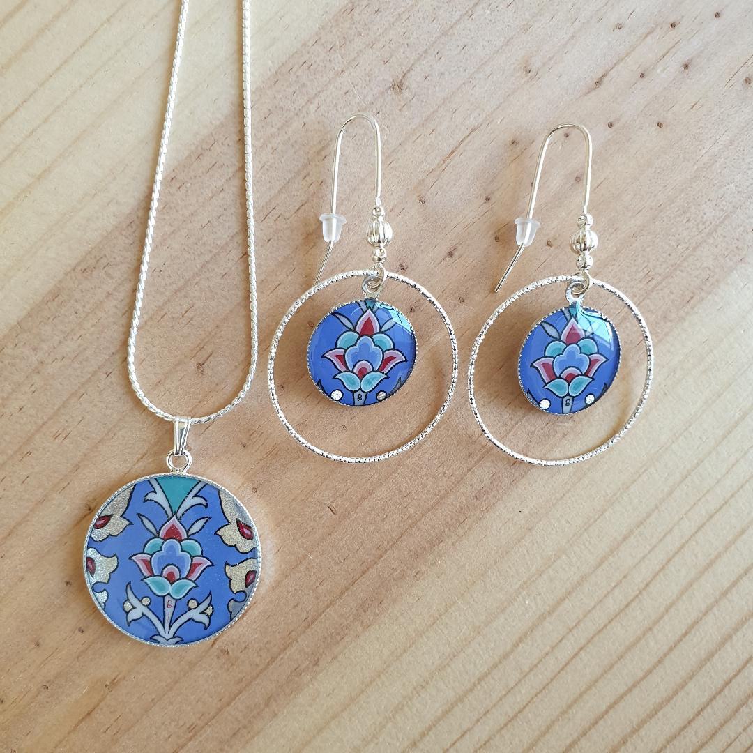 Blue/silver/green/pink flower and arabesque earrings