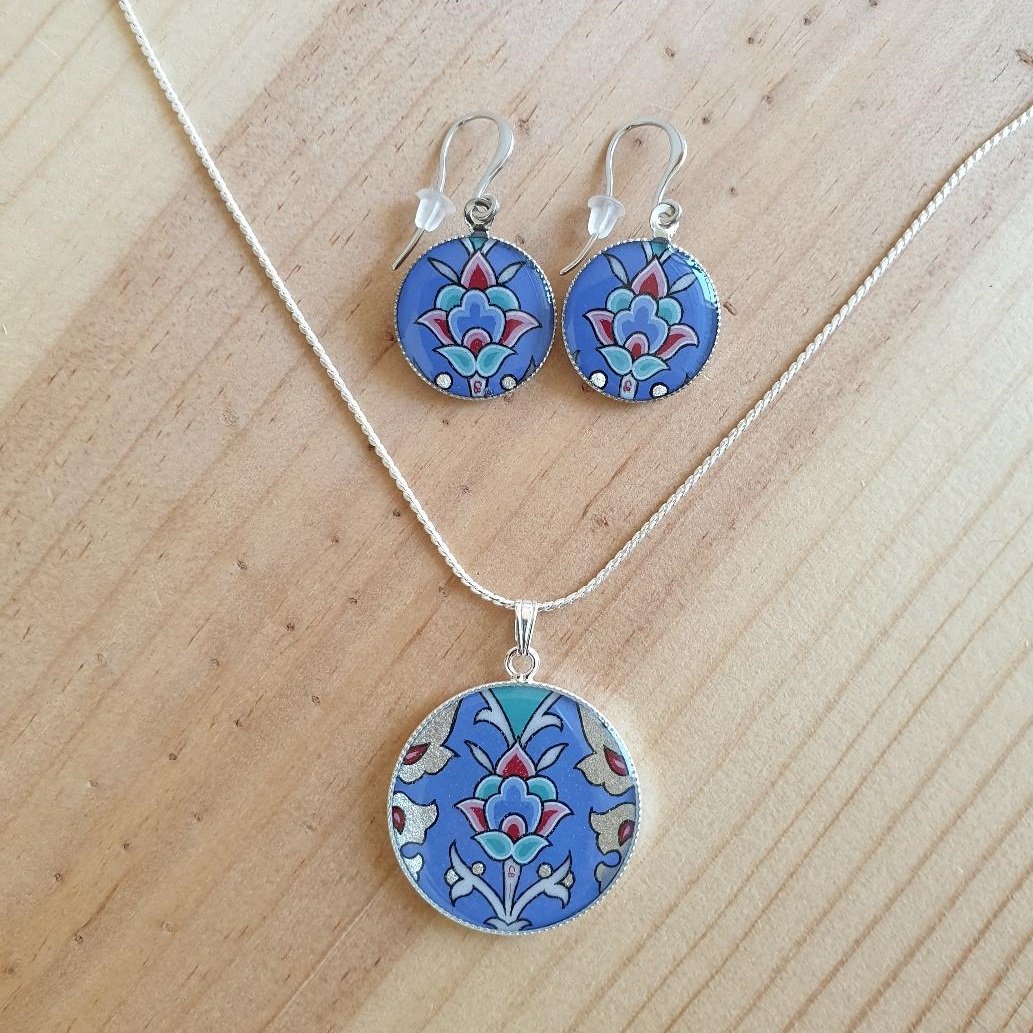 Blue/silver/green/pink flower and arabesque earrings