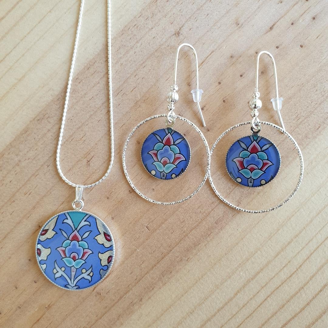 Blue/silver/green/pink flower and arabesque earrings