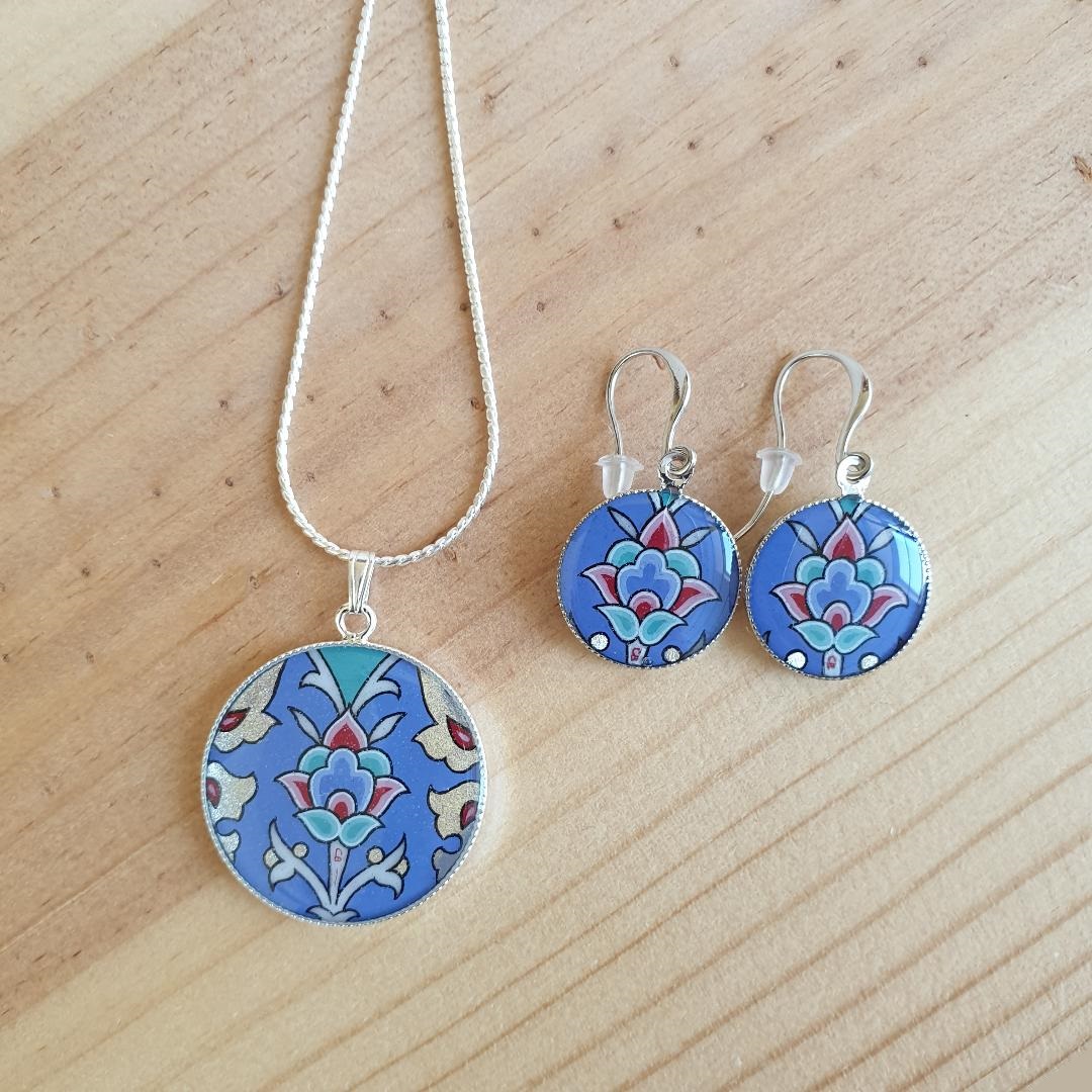 Blue/silver/green/pink flower and arabesque earrings