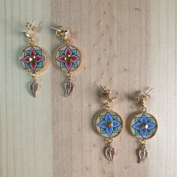 Springtime pink or blue flower dangling earrings