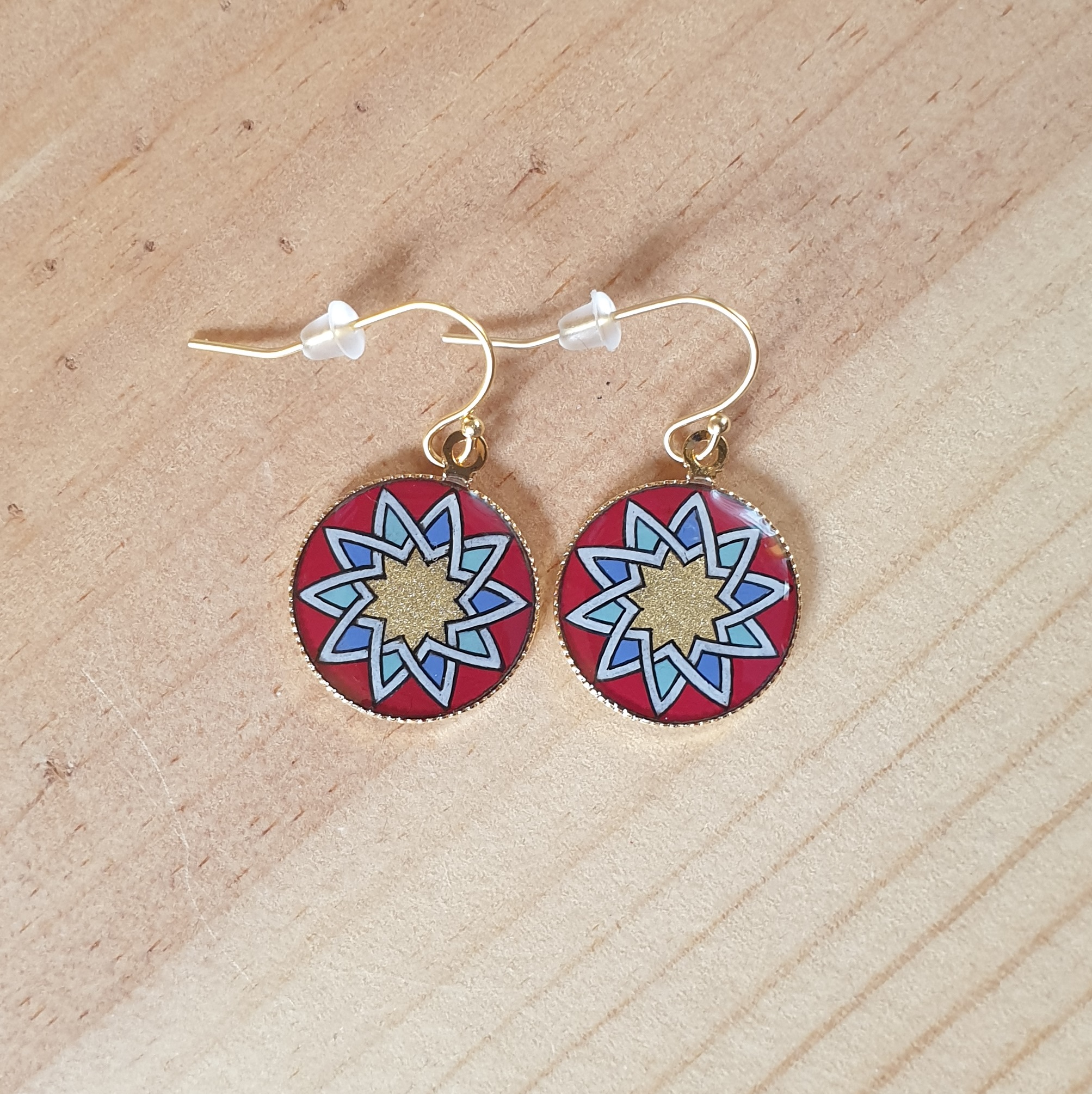 Gold/red/blue/green rosette earrings