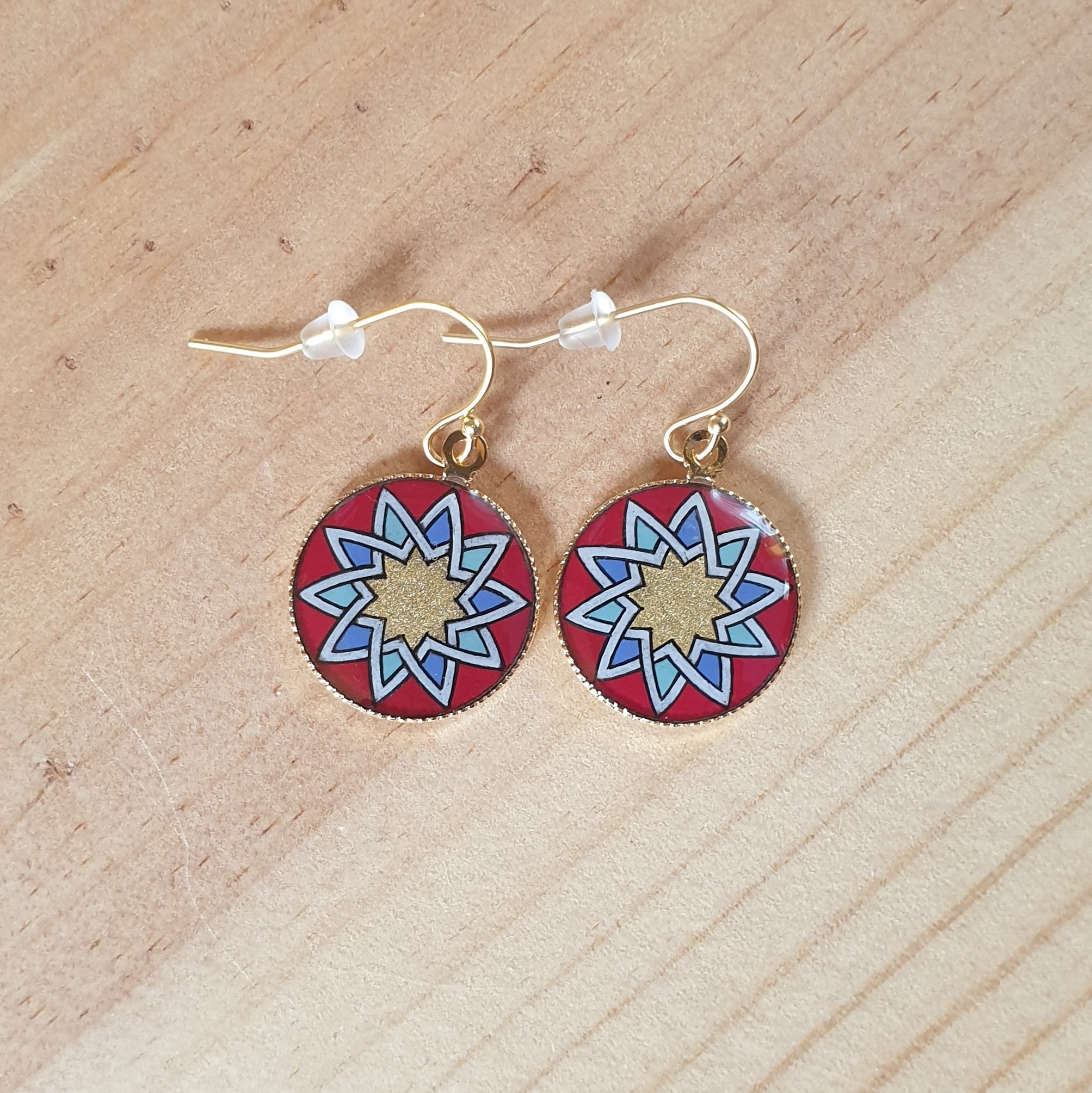 Gold/red/blue/green rosette earrings