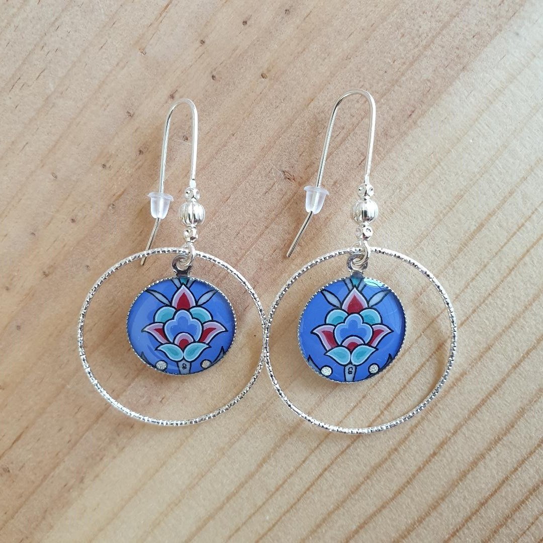 Blue/silver/green/pink flower and arabesque earrings