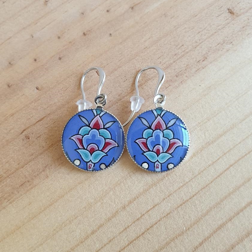 Blue/silver/green/pink flower and arabesque earrings