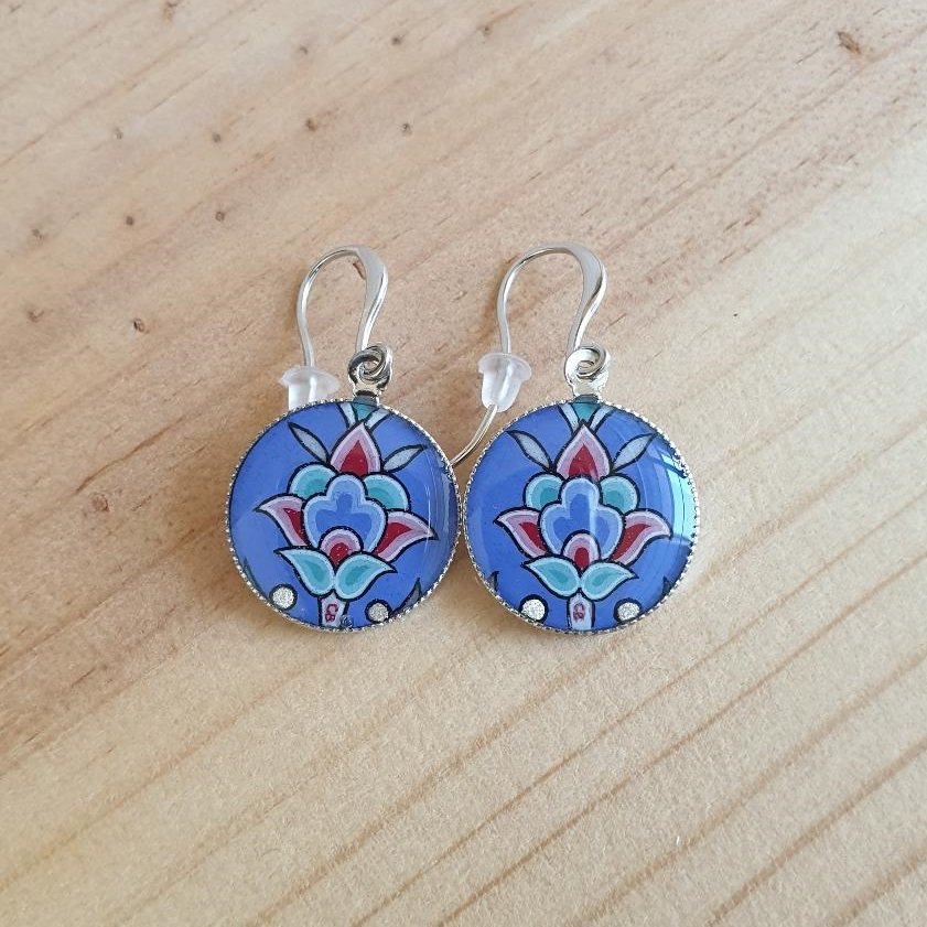 Blue/silver/green/pink flower and arabesque earrings