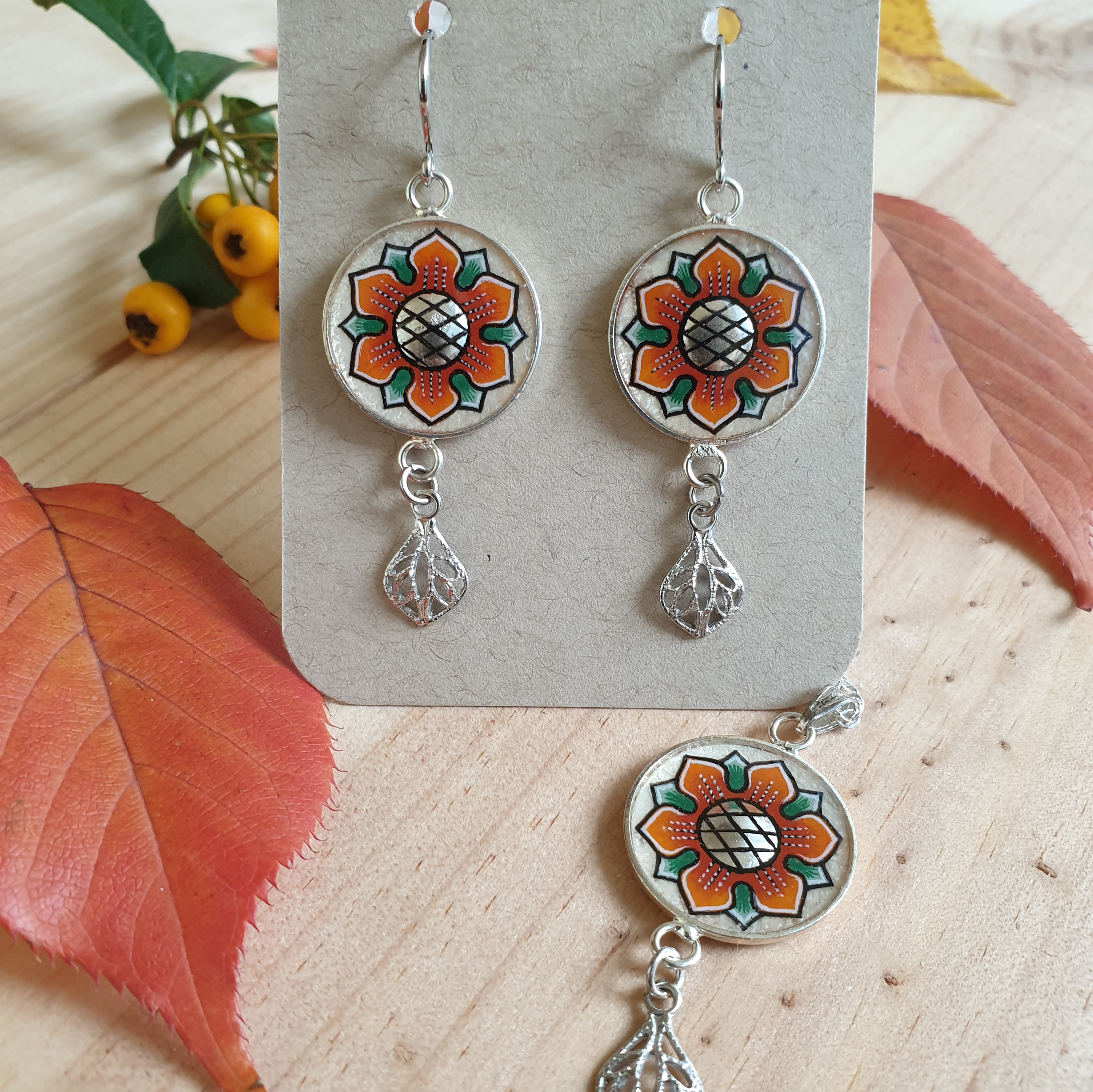 Springtime orange/gold flower dangling earrings