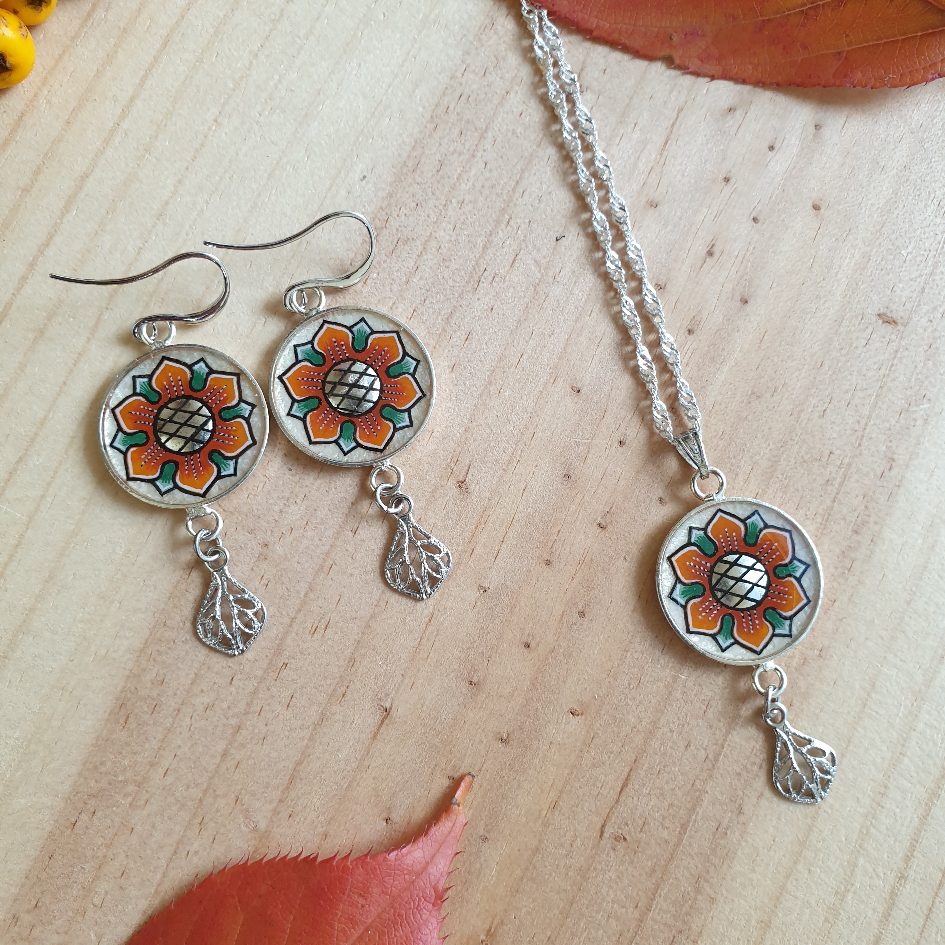 Springtime orange/gold flower dangling earrings