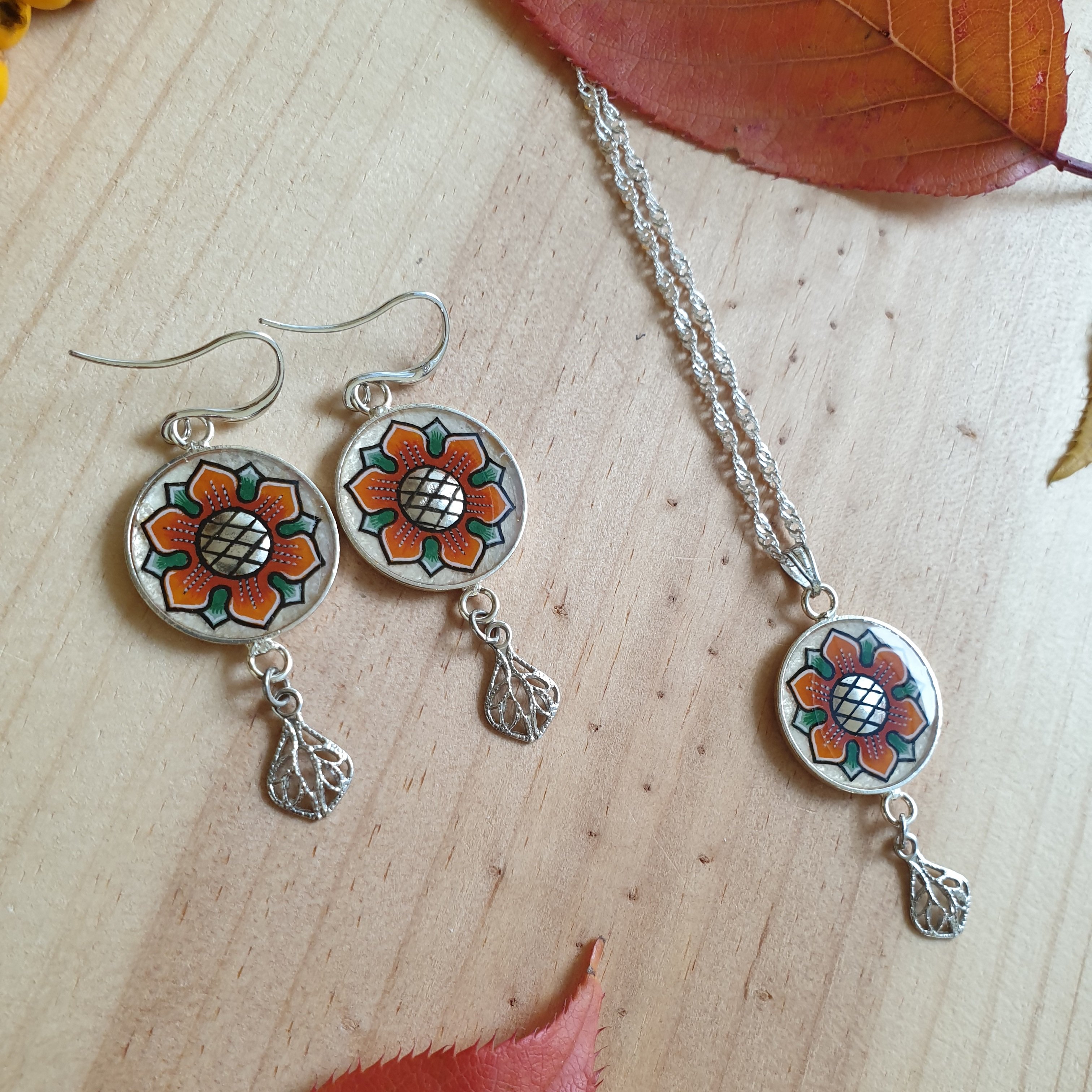 Springtime orange/gold flower dangling earrings