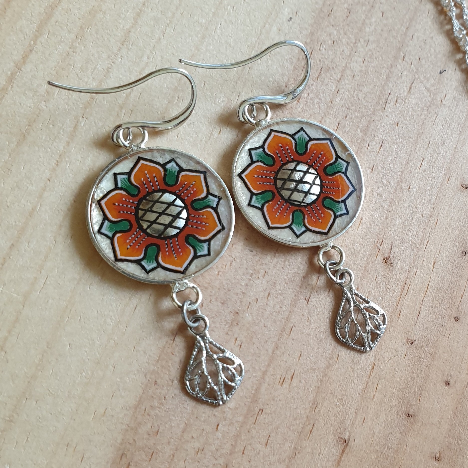 Springtime orange/gold flower dangling earrings