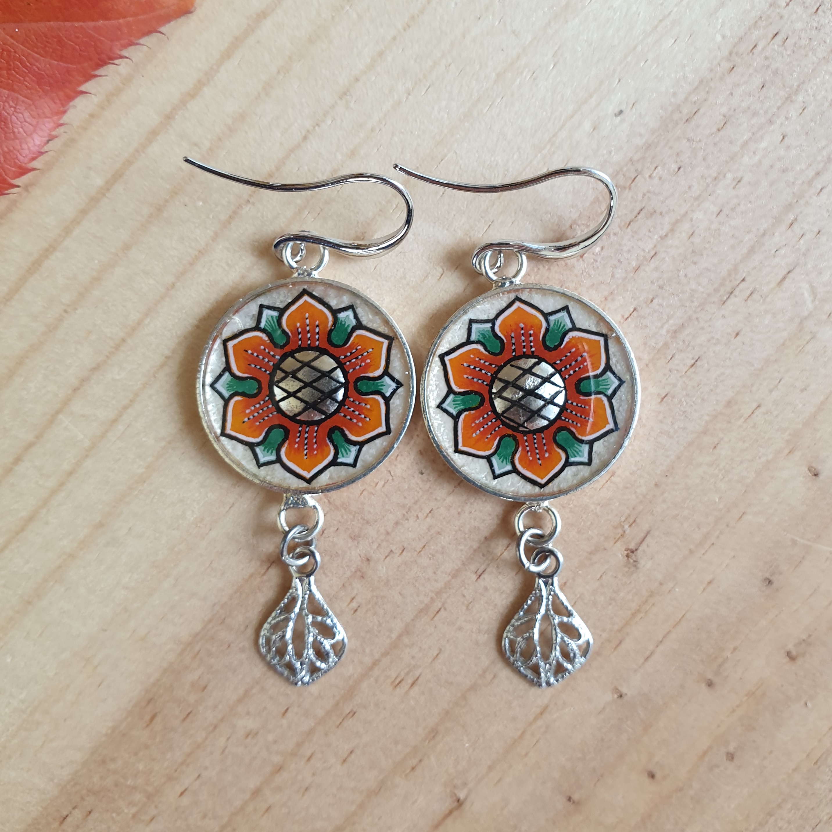 Springtime orange/gold flower dangling earrings