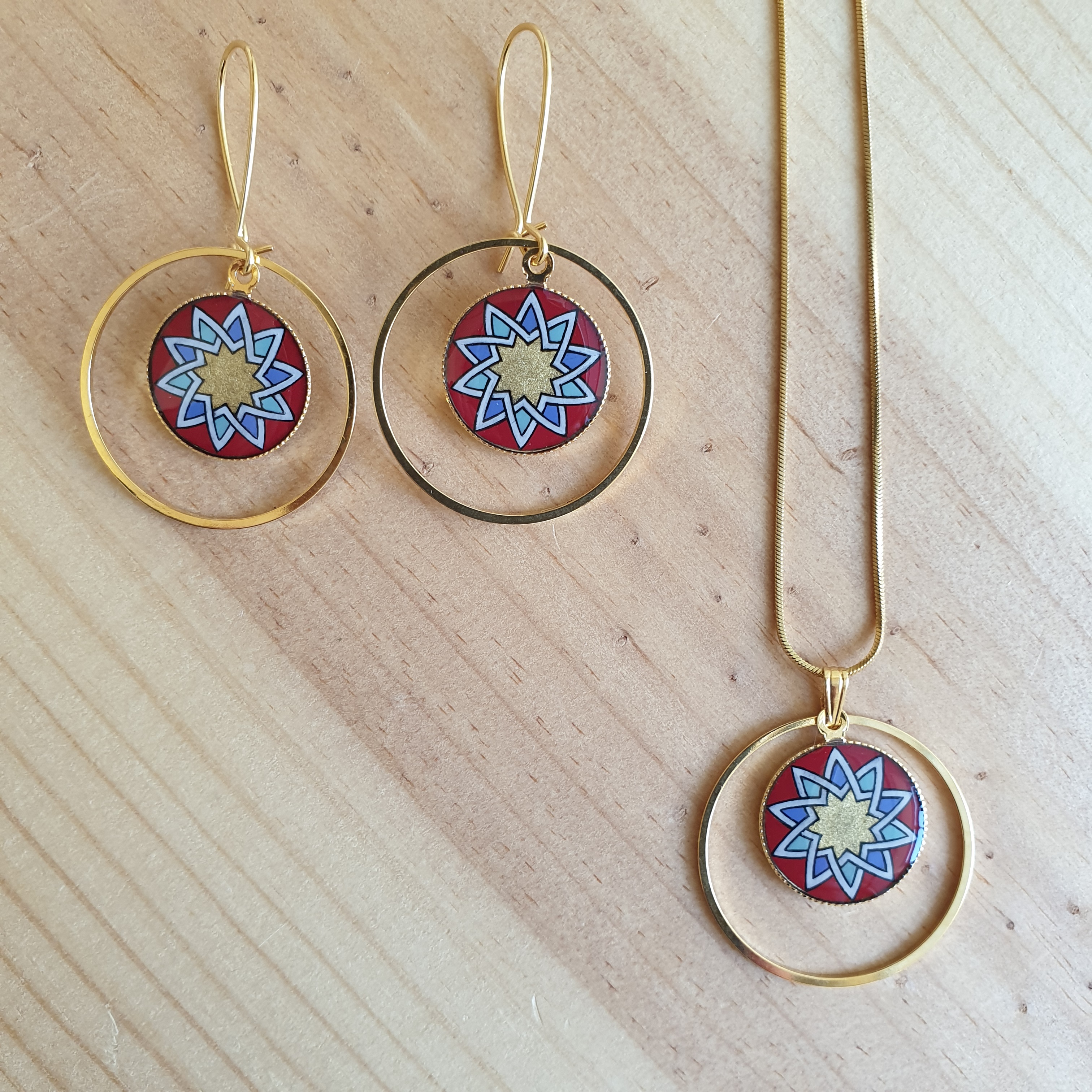 Gold/red/blue/green rosette earrings