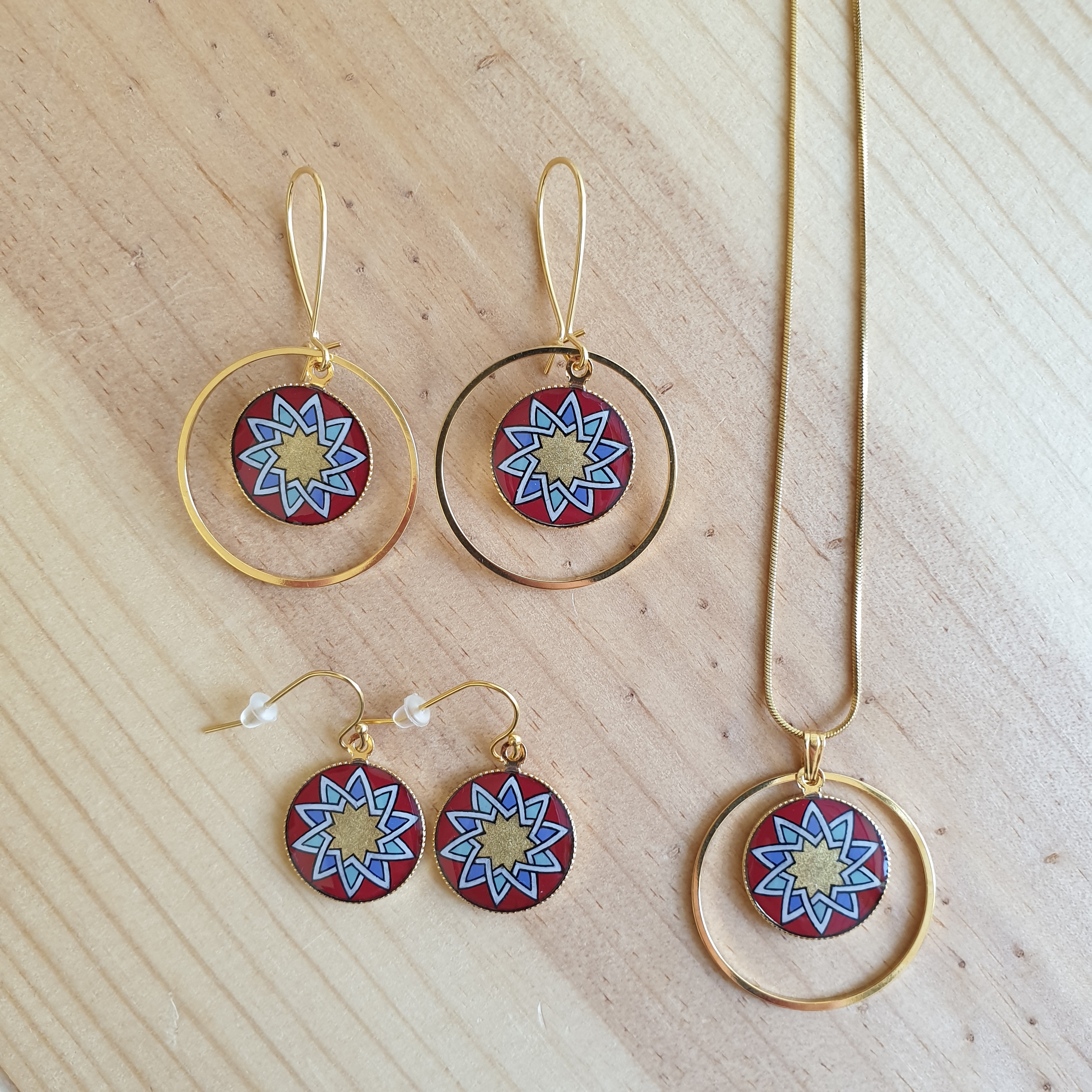 Gold/red/blue/green rosette earrings