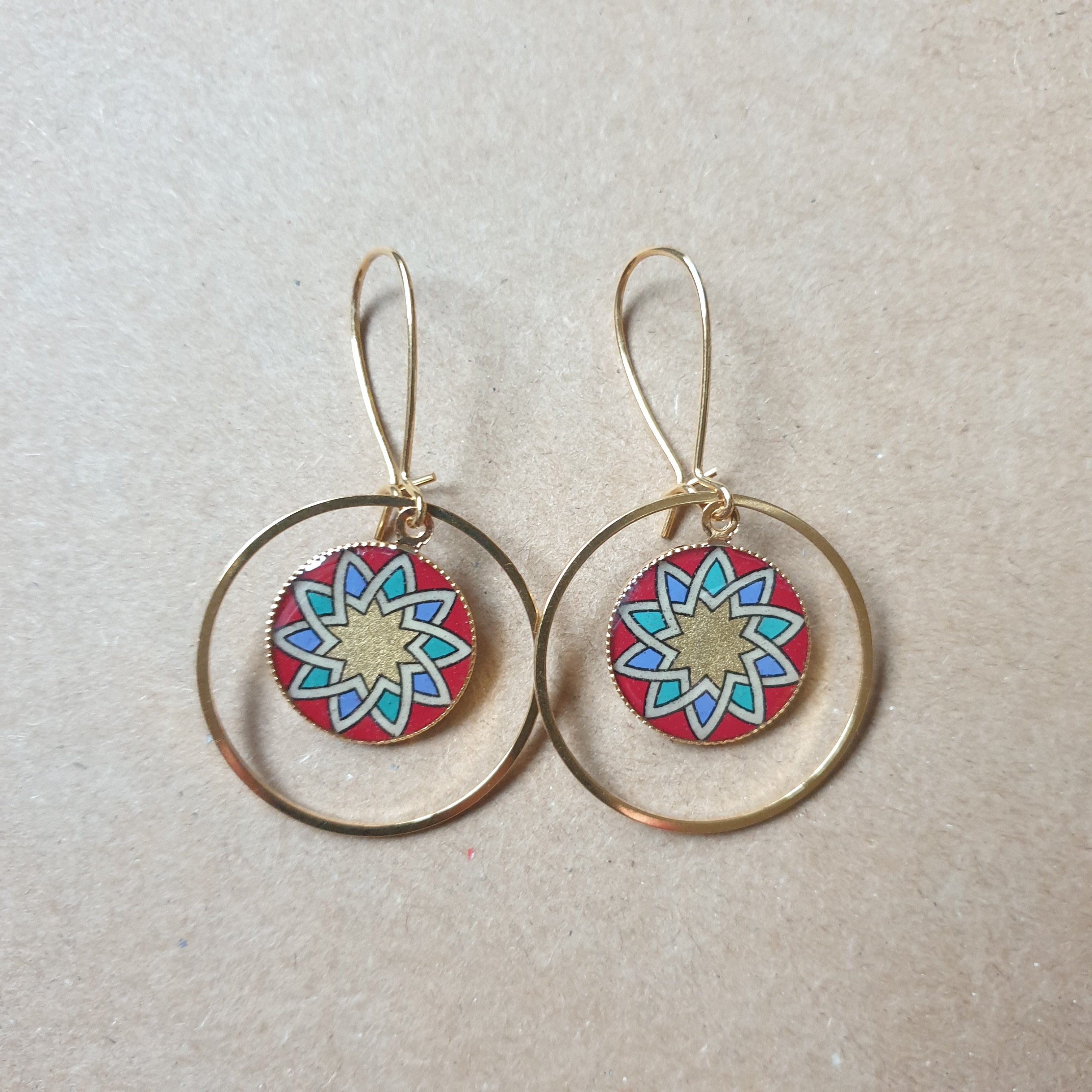 Gold/red/blue/green rosette earrings