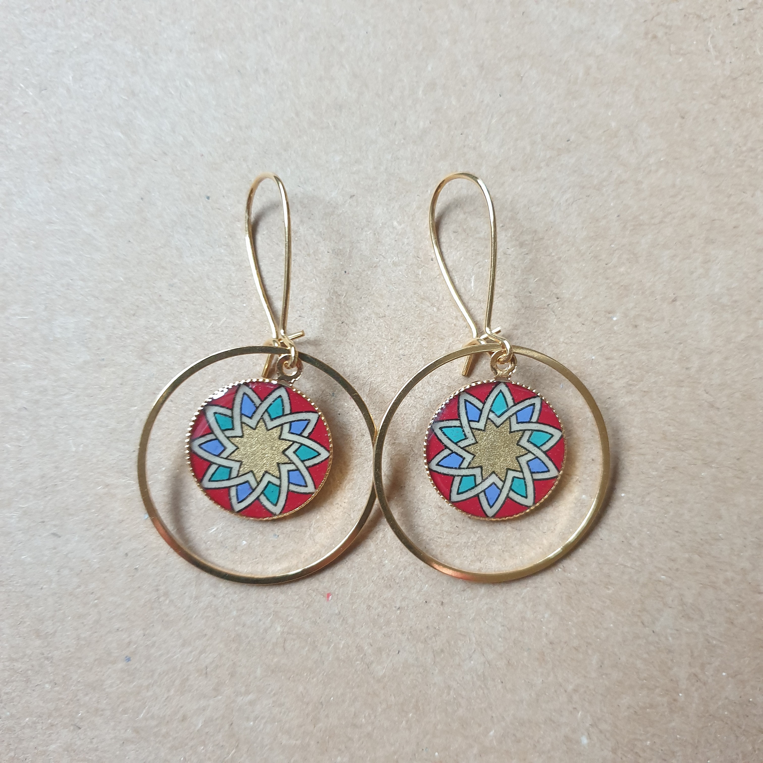 Gold/red/blue/green rosette earrings