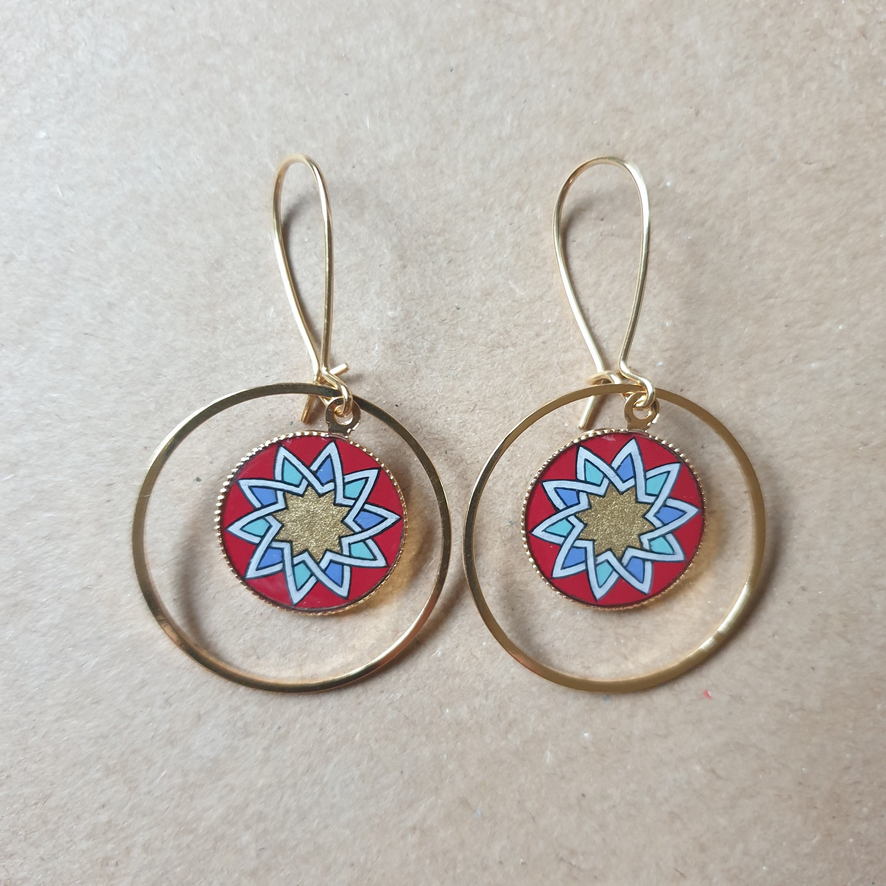 Gold/red/blue/green rosette earrings