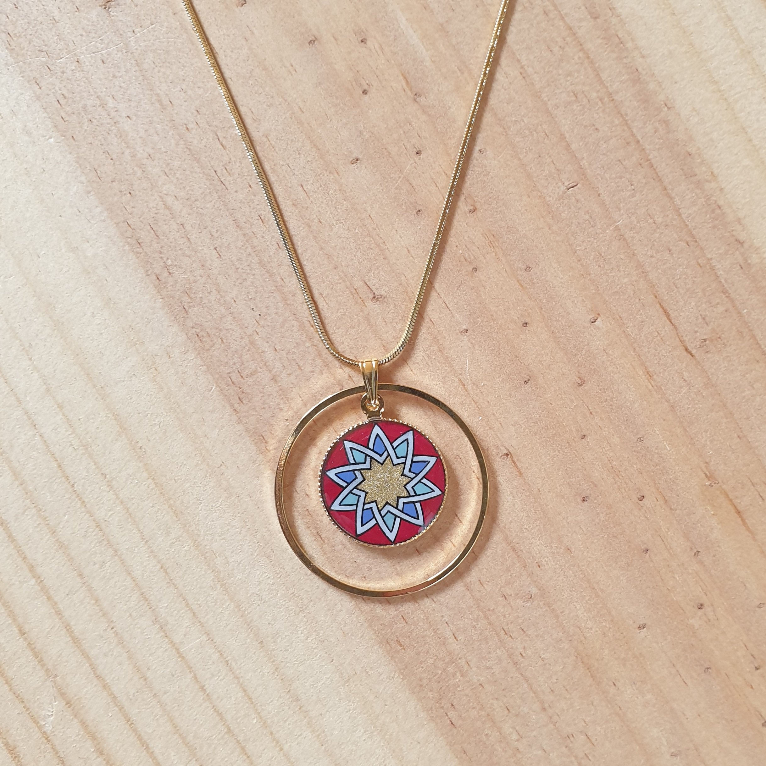 Gold/red/blue/green rosette pendant necklace on gold chain