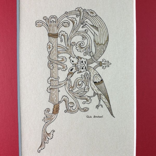 Illuminated letter R in roman style